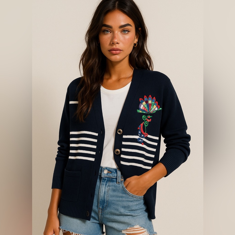 Ara Blue and White Cardigan with Nautical Stripes